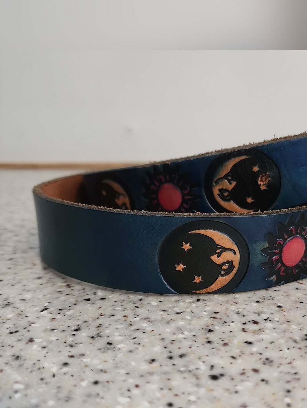 Handcrafted By Pull Your Pants Up Embossed Blue Leather Belt with Sun & Moon